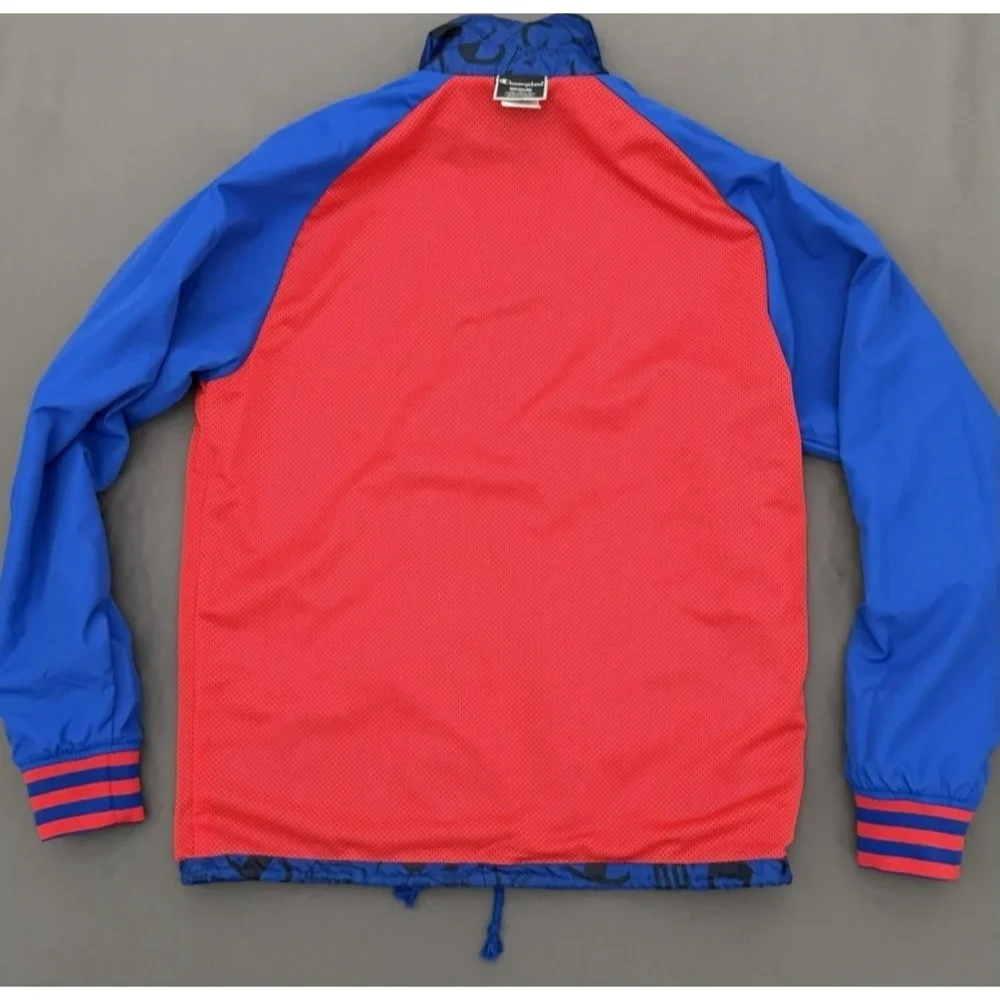 Vintage Champion Jacket Mens Medium Blue Long Sleeve Snap Logo All Over Print